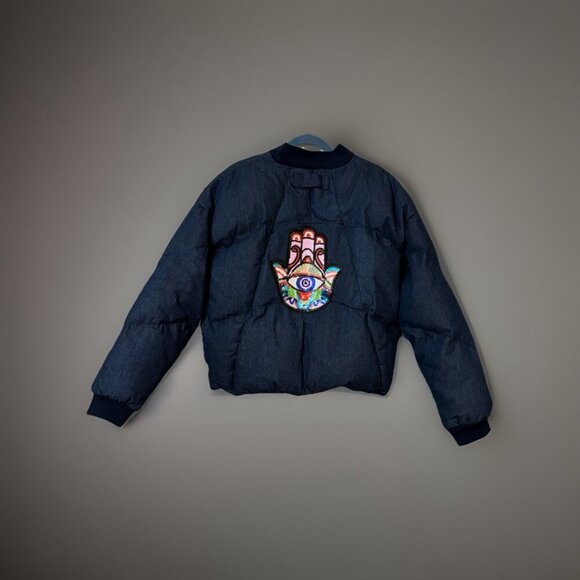 Boohoo Man Oversized Denim Puffer Jacket, Size Medium, Boho Grunge Patch Quilted - Picture 1 of 6